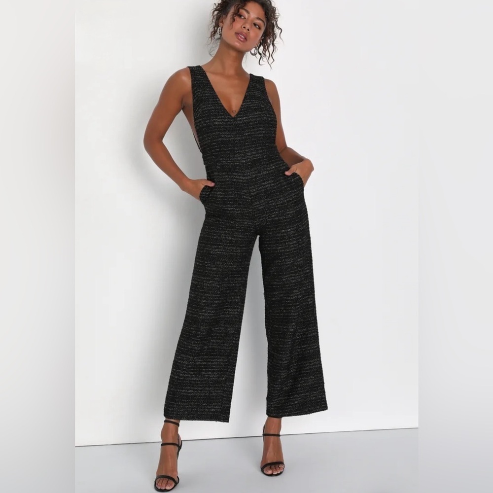 Nwt Lulus Officially Exceptional Black Tweed Lurex Wide-Leg Jumpsuit S